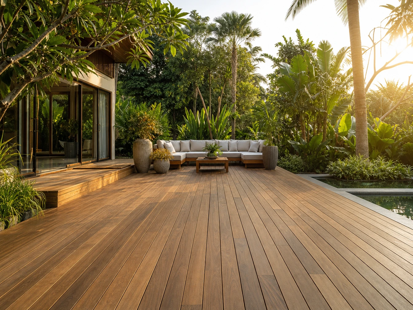 Durable outdoor teak timber decking installed on a luxury residential garden patio space.