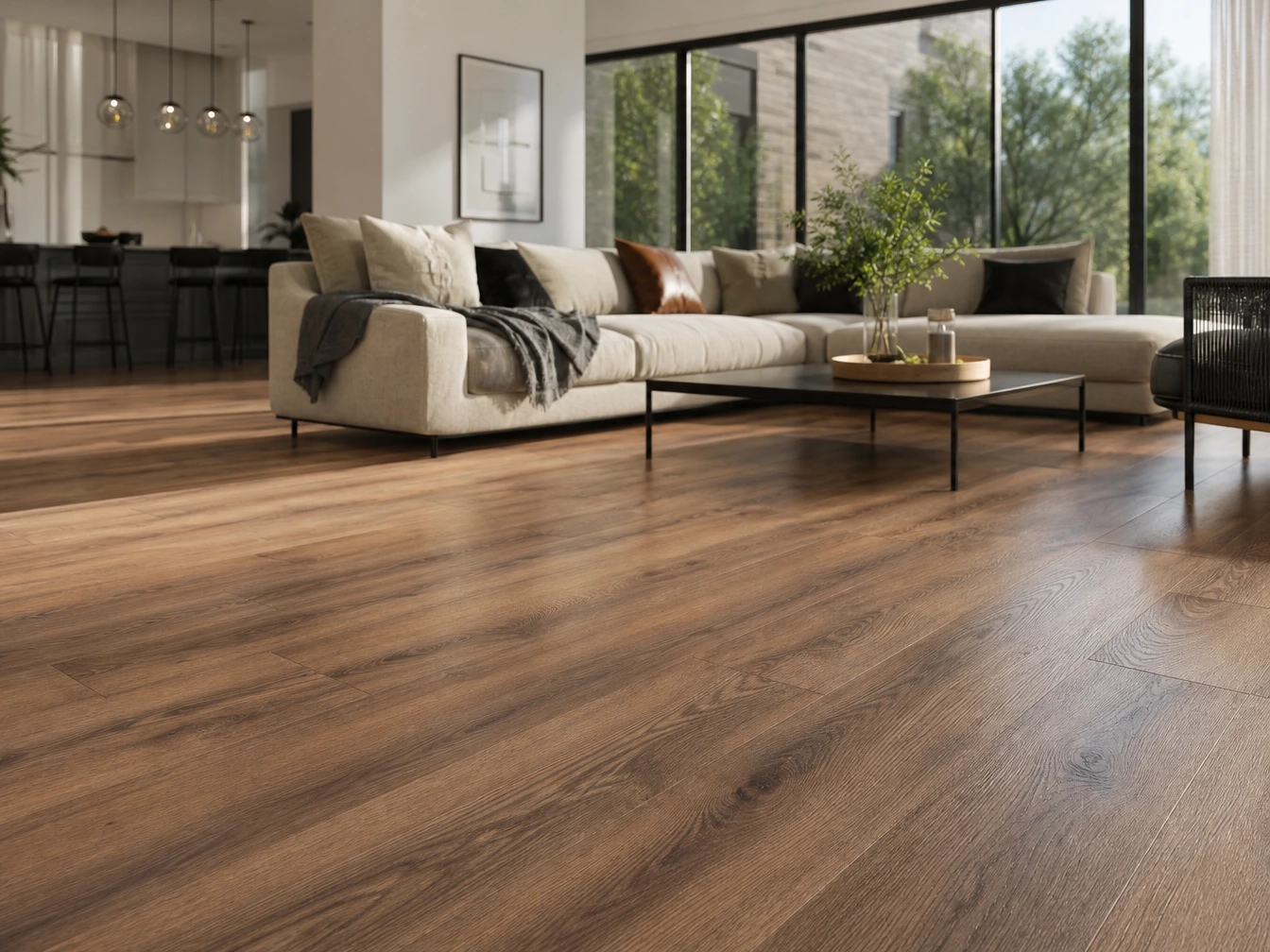High-performance WPL waterproof laminate flooring with natural timber grain in a bright living room.