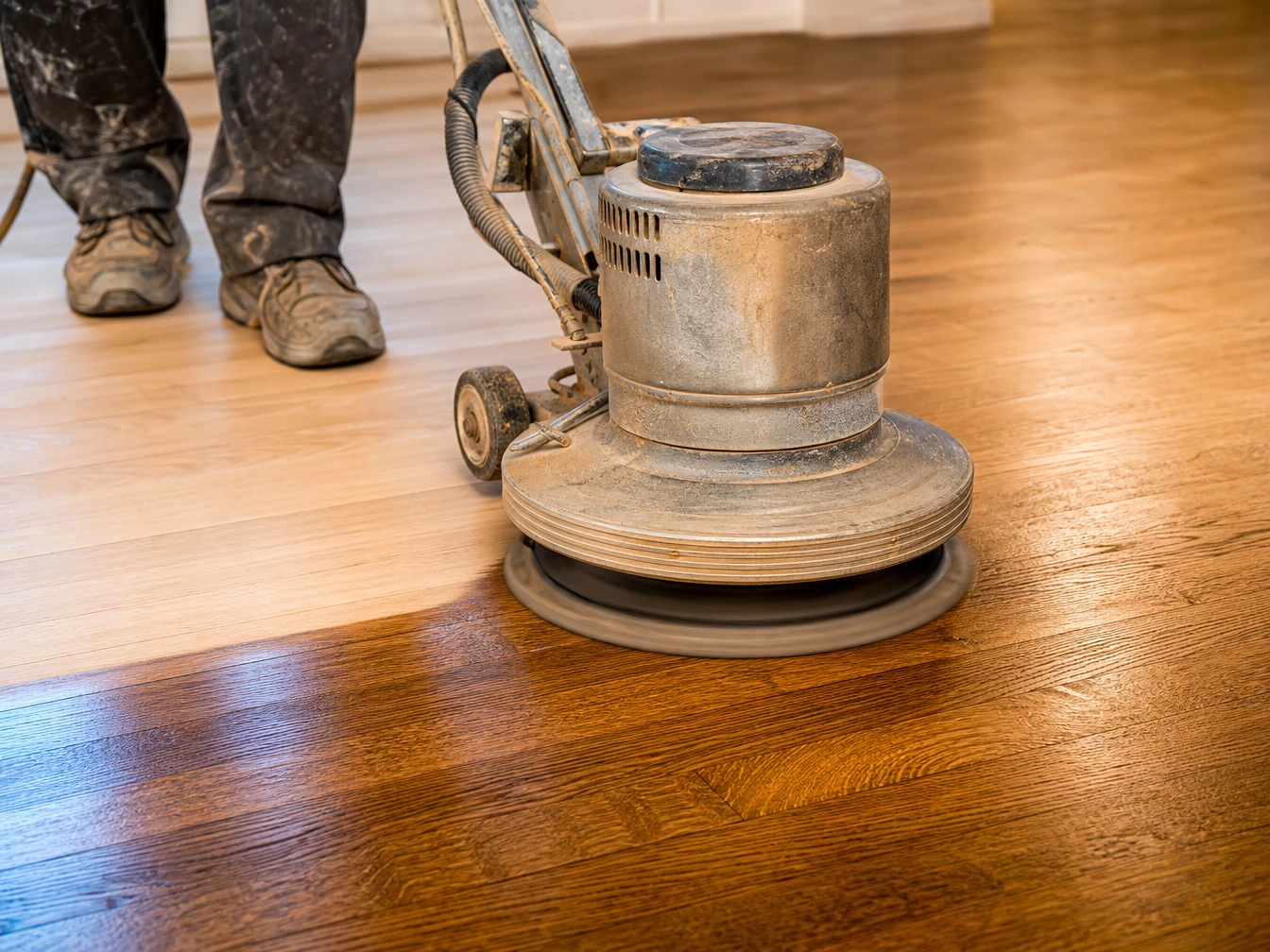 Professional timber floor grinding and varnishing restoration service on solid hardwood flooring.