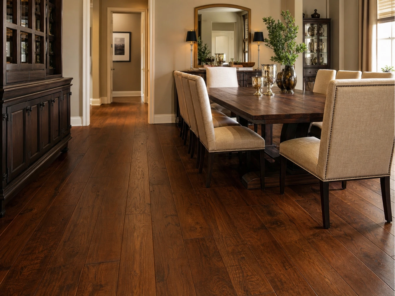 Solid timber flooring with rich natural hardwood grain installed in a modern luxury home interior.