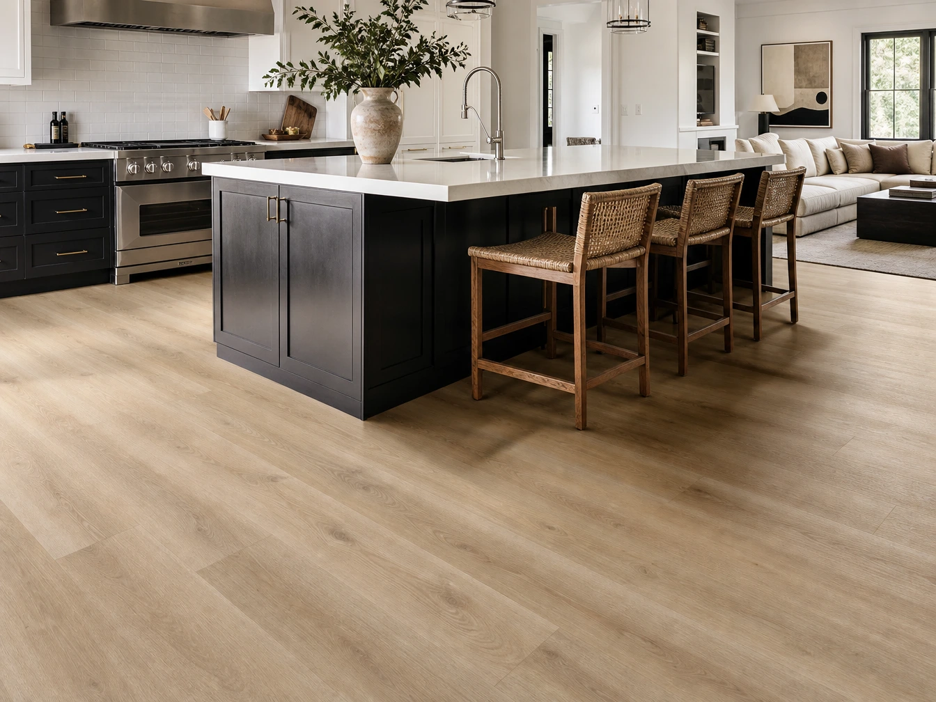 Waterproof SPC vinyl flooring with natural light oak texture installed in a modern kitchen.