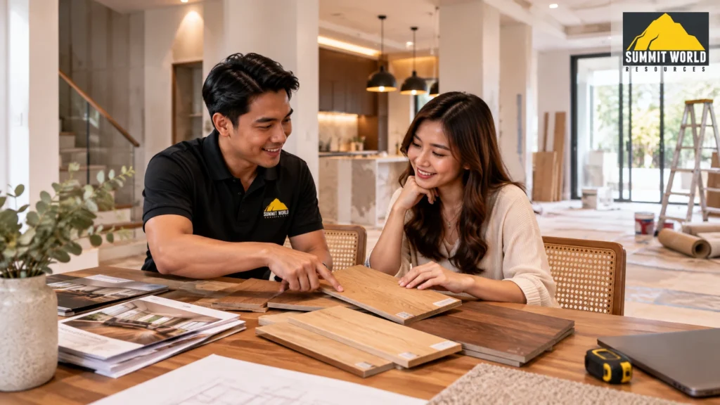 A Malaysian interior designer and Malaysian home owner looking at natural wood flooring samples together over a dining table inside a beautifully lit modern home under renovation