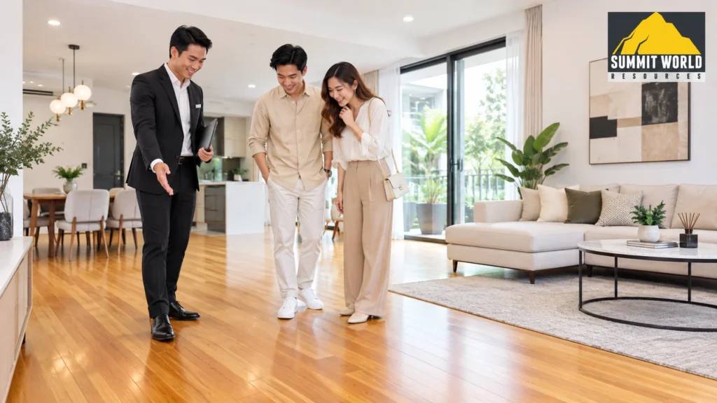 A Malaysian real estate agent showing a modern, renovated home interior to a Malaysian young couple