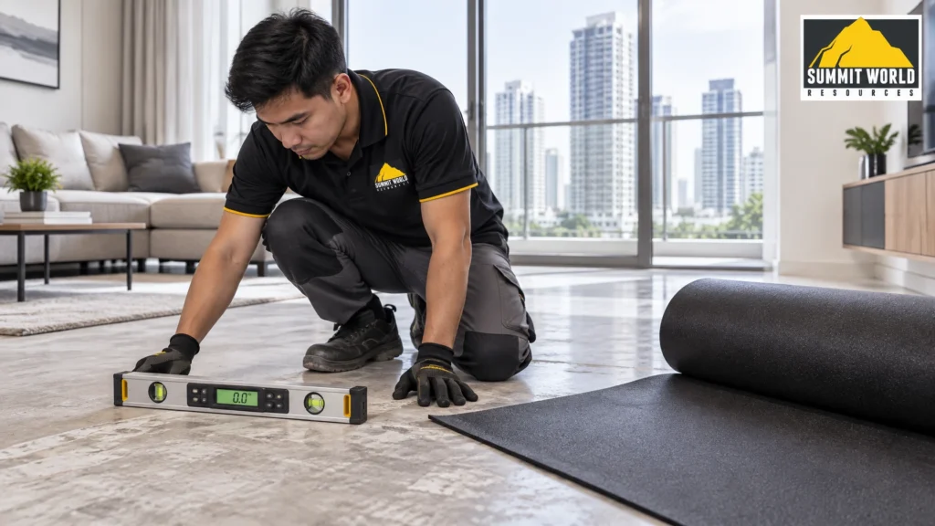 A Southeast Asian flooring technician inspecting a condo living room floor using a digital spirit level before laying down high-density black IXPE acoustic underlayment foam