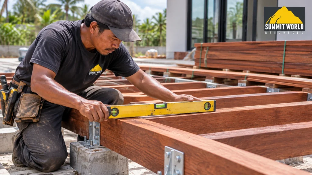 A Southeast Asian master carpenter using a spirit level to align heavy-duty wooden subfloor joists over a concrete foundation before installing Chengal timber decking planks