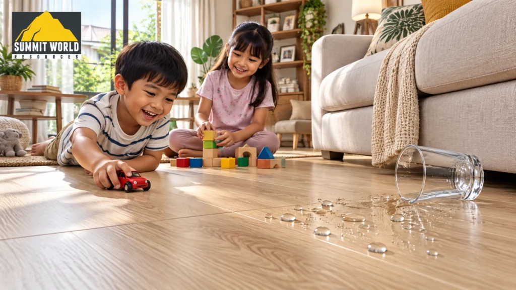 A cheerful residential living room with children playing on a warm, light-timber textured waterproof laminate floor