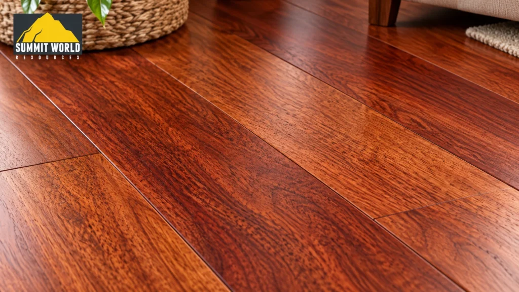 A close-up high-definition photograph of premium Merbau solid wood flooring planks. The image highlights the natural authentic wood grain, rich reddish-brown tones, and luxurious texture