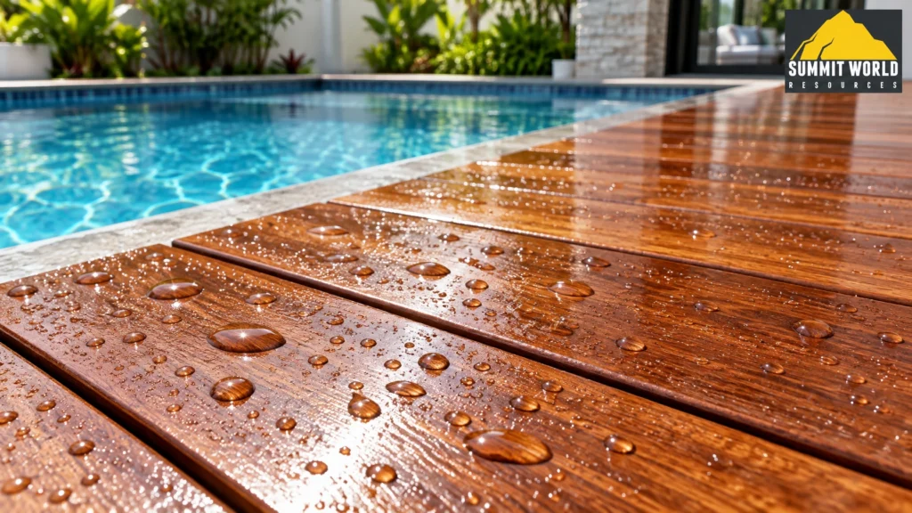 A close-up photograph showcasing freshly oiled Chengal timber decking planks installed around a residential swimming pool