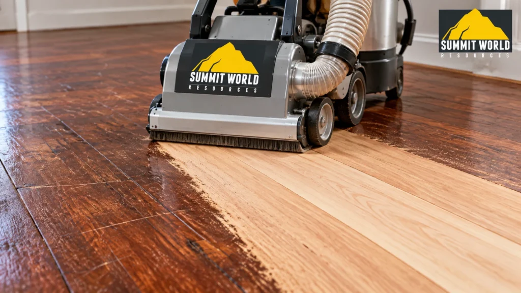 A close-up shot of a modern dustless floor sanding machine operating on an aged solid Merbau timber floor
