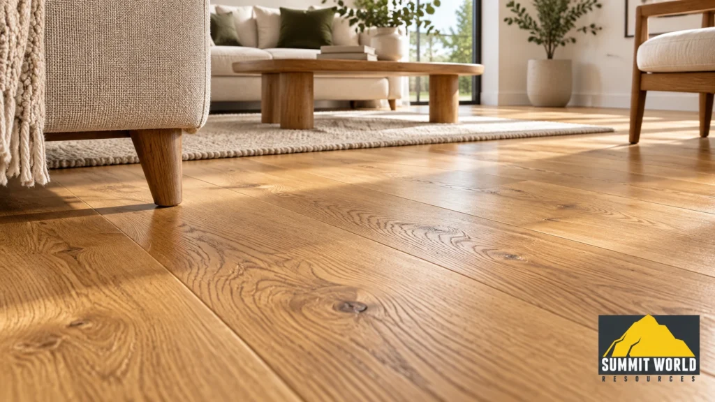 A close-up shot of a pristine warm oak wooden floor in a newly renovated living room