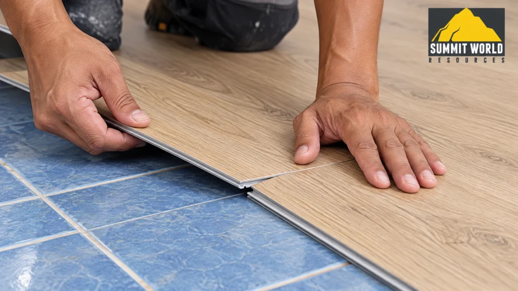 A close-up shot showing professional South East Asian installer hands fitting a light oak textured SPC click-lock plank directly over outdated blue ceramic floor tiles