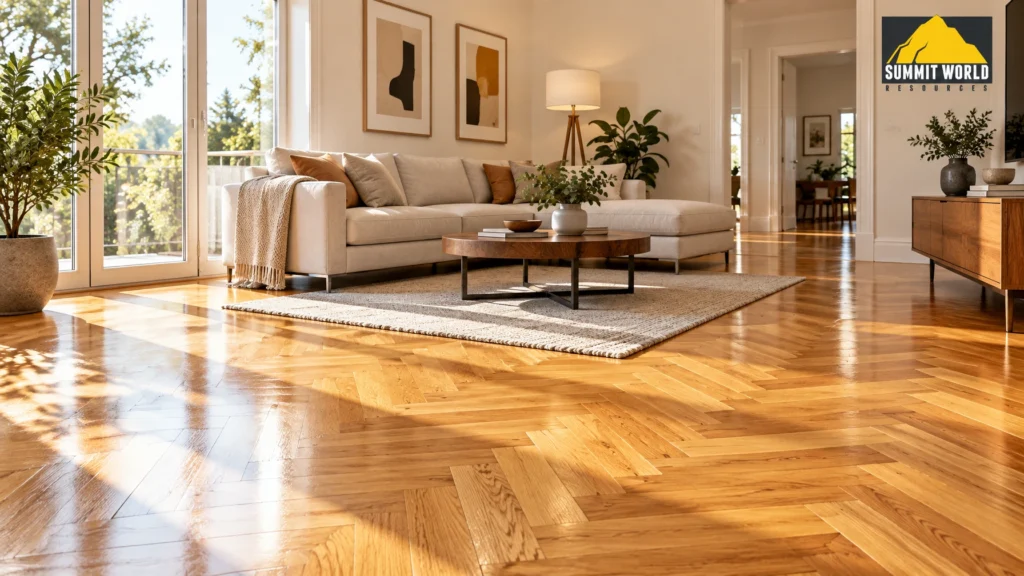 A finished living room featuring newly sanded and varnished parquet flooring with a satin finish