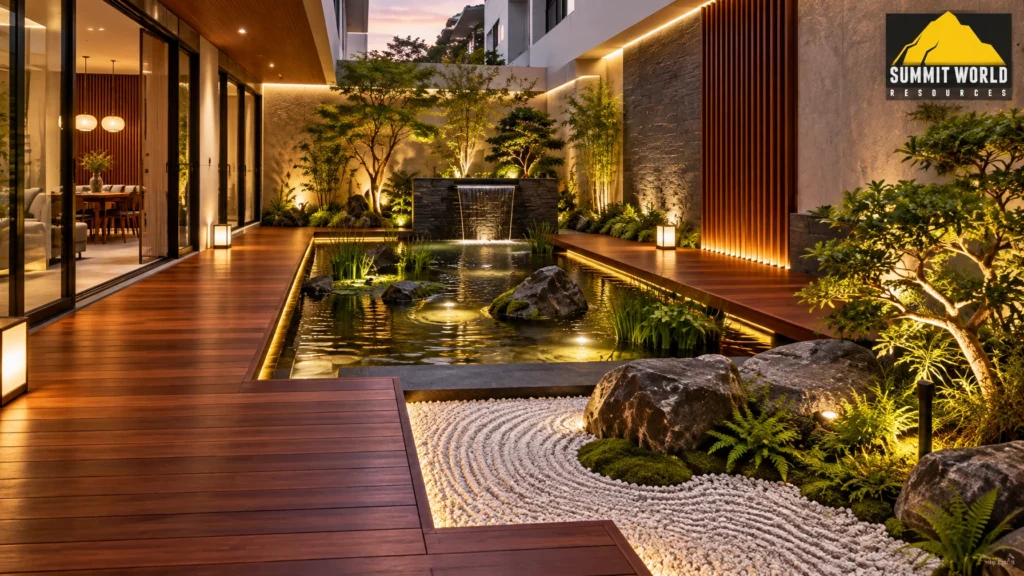 A modern Japanese-inspired courtyard garden inside a landed terrace house featuring Belian timber decking pathways surrounding a serene water feature and gravel garden