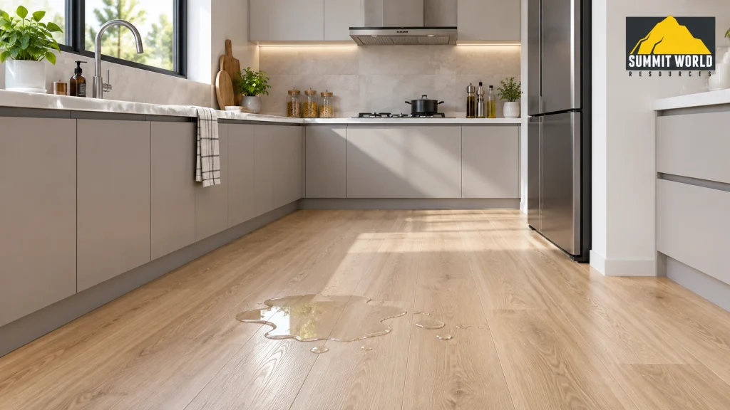 A modern minimalist wet kitchen interior with sleek cabinets and a beautiful light wood SPC vinyl floor