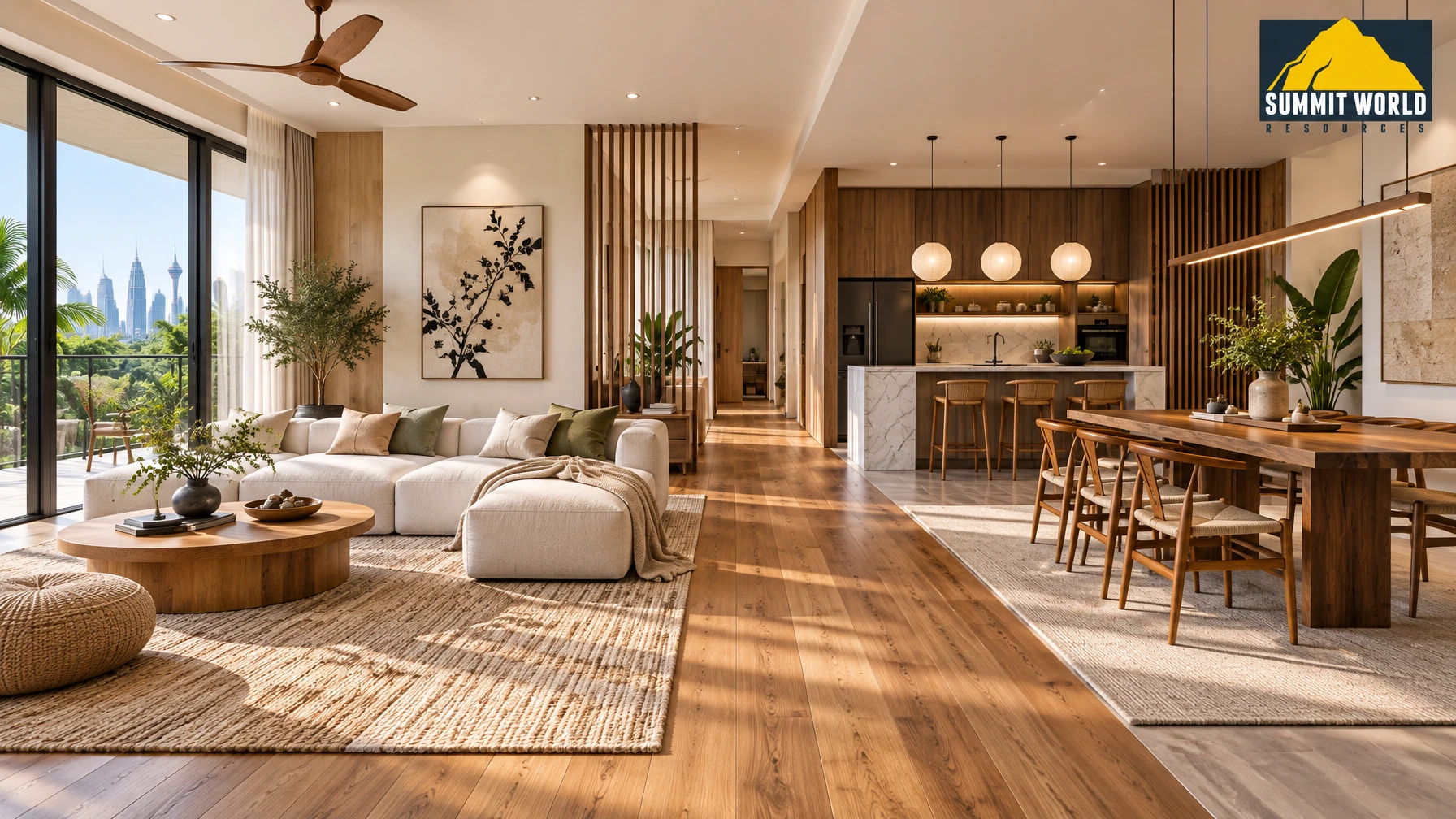 A modern open-concept residential interior displaying two distinct design zones separated by stylish wooden flooring
