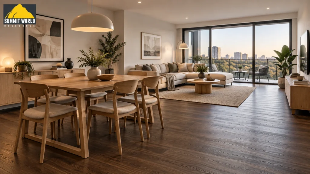 A modern open-plan condominium dining and living area with dark oak SPC click flooring overlay