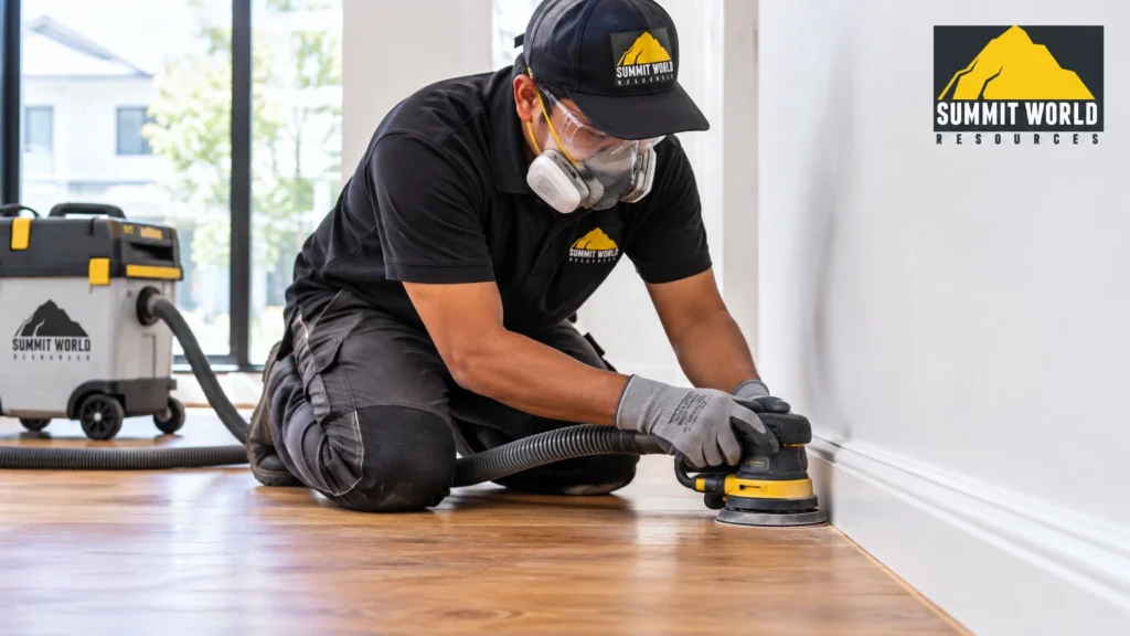 A professional Malaysian flooring craftsman wearing protective gear using a hand-edging sander near room skirtings, ensuring every corner is sanded smooth