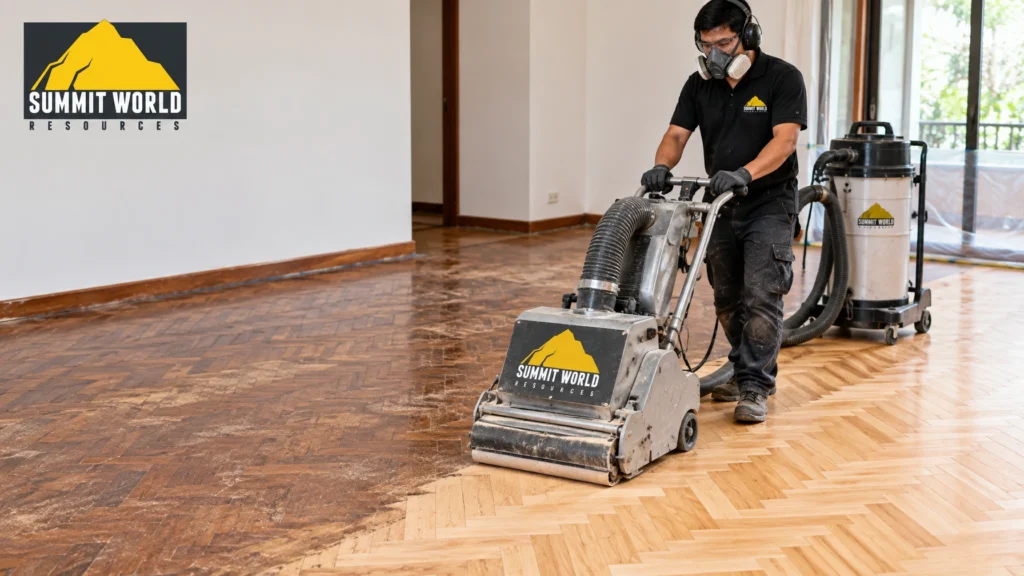 A professional South East Asian floor restoration specialist operating a heavy-duty dustless floor sanding machine over an old parquet timber floor