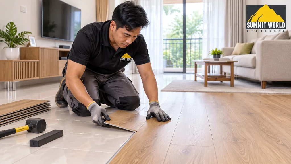 A professional South East Asian flooring installer neatly laying down wooden-textured SPC click-lock planks directly over old ceramic tiles in a living room
