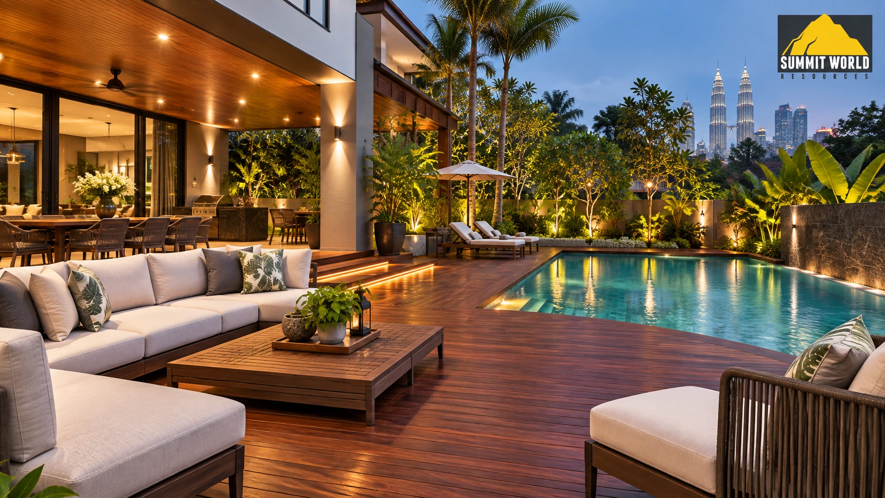 A spacious outdoor patio and poolside deck of a luxury landed home in Kuala Lumpur. The space features premium reddish-brown Chengal timber decking with fine wood grain textures