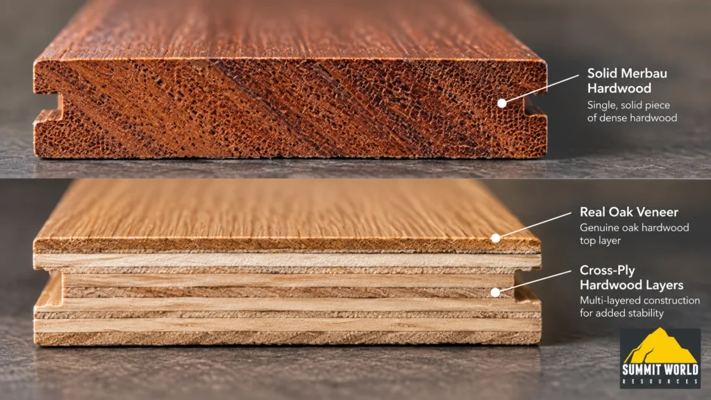 A split macro photography shot showing the cross-section of two wood flooring planks