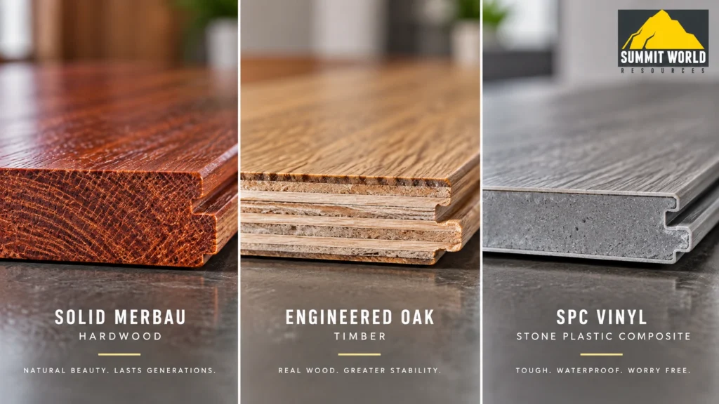 A split macro shot comparing three premium flooring cross-sections rich solid Merbau hardwood, multi-ply engineered oak timber, and high-density stone plastic composite (SPC) vinyl