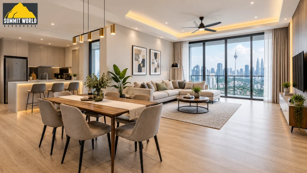 A wide-angle architectural shot of a bright, open-plan living and dining area in a Malaysian condo with continuous light-wood flooring running smoothly across all spaces