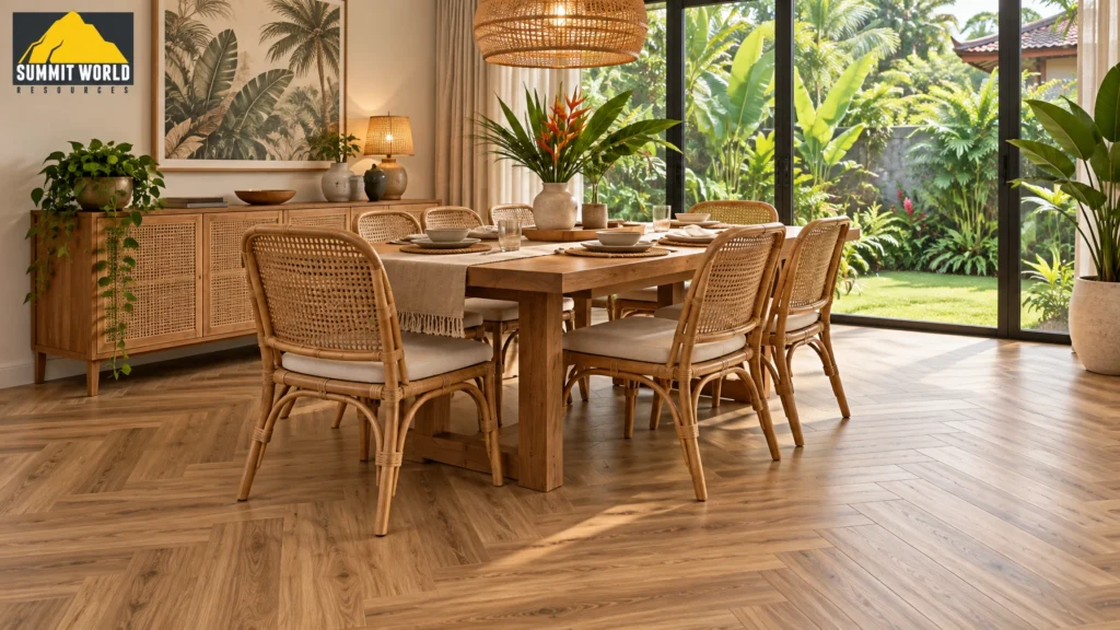 An elegant dining room in a Malaysian home featuring stunning herringbone patterned SPC flooring. The room has natural rattan furniture and a large window showing a green tropical garden outside.