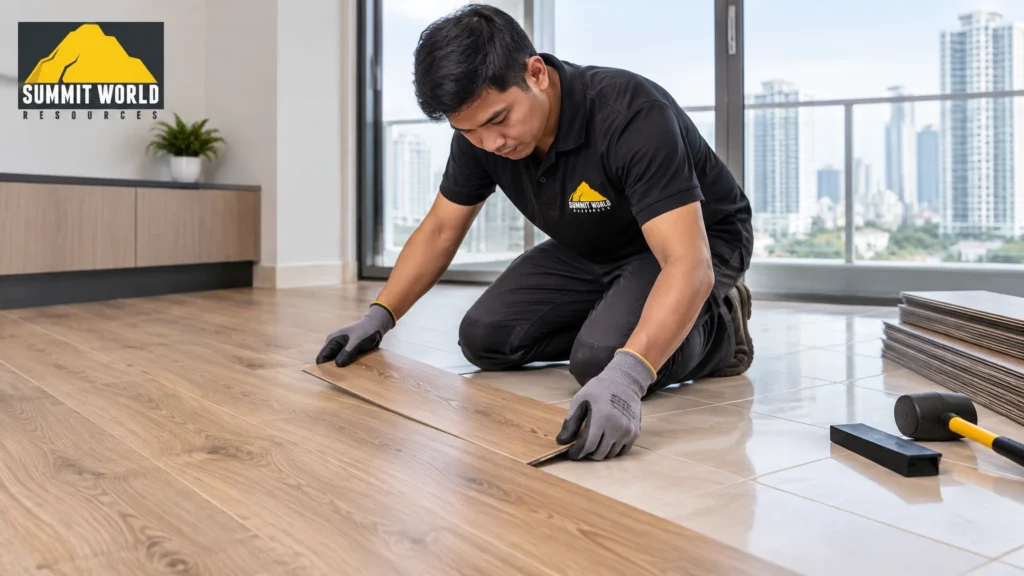 Southeast Asian installer cleanly placing lightweight wood-patterned click-lock planks directly over old ceramic floor tiles in a high-rise condominium