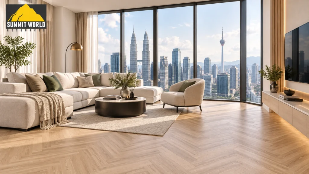 Zero Hacking Flooring Malaysia The Ultimate Condo Renovation Guide; A bright, luxury condominium living room in Kuala Lumpur featuring high-rise floor-to-ceiling city views. The interior showcases a modern light oak herringbone SPC vinyl floor overlay installed over old ceramic tiles