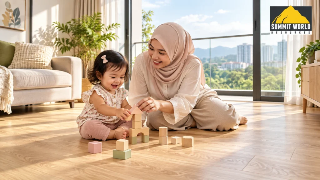 A Malaysian mother playing with her young toddler on a warm, clean, light-oak wood textured SPC floor inside a sunlit ANYA Shorea Park apartment