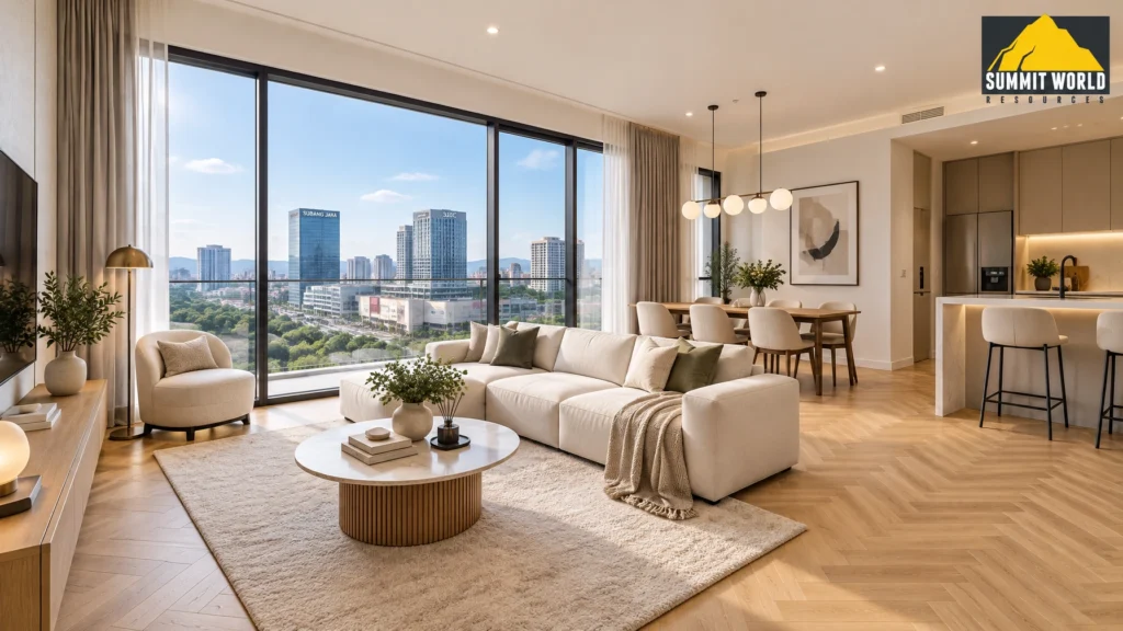 A bright and luxurious open-concept living room inside a newly completed Teja SJCC condominium unit in Subang Jaya. The space features stunning light oak herringbone SPC vinyl flooring