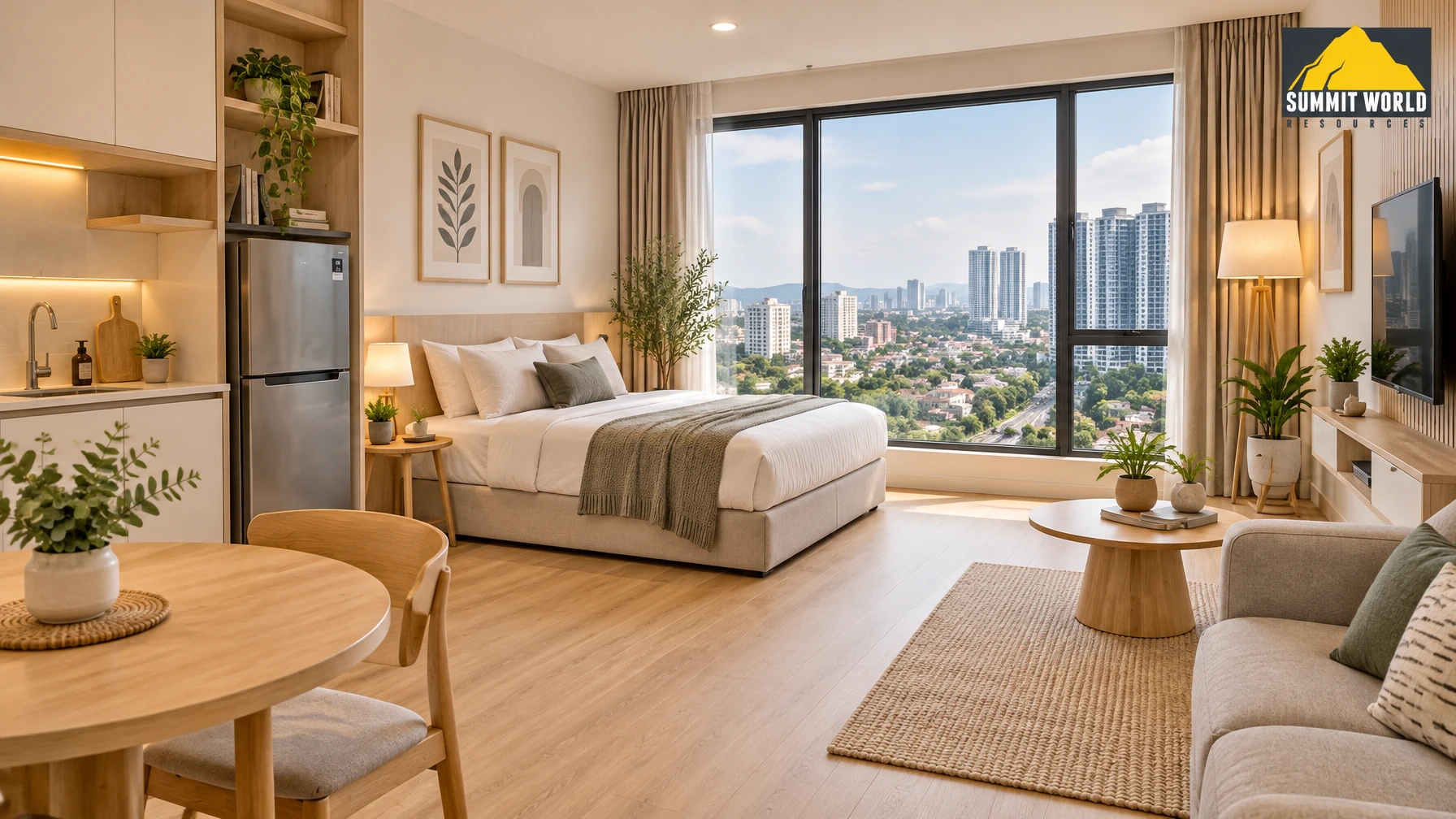 A bright and modern compact One Equine Phase 2 SOHO serviced apartment interior in Seri Kembangan. The room features a beautiful light oak SPC vinyl floor overlay