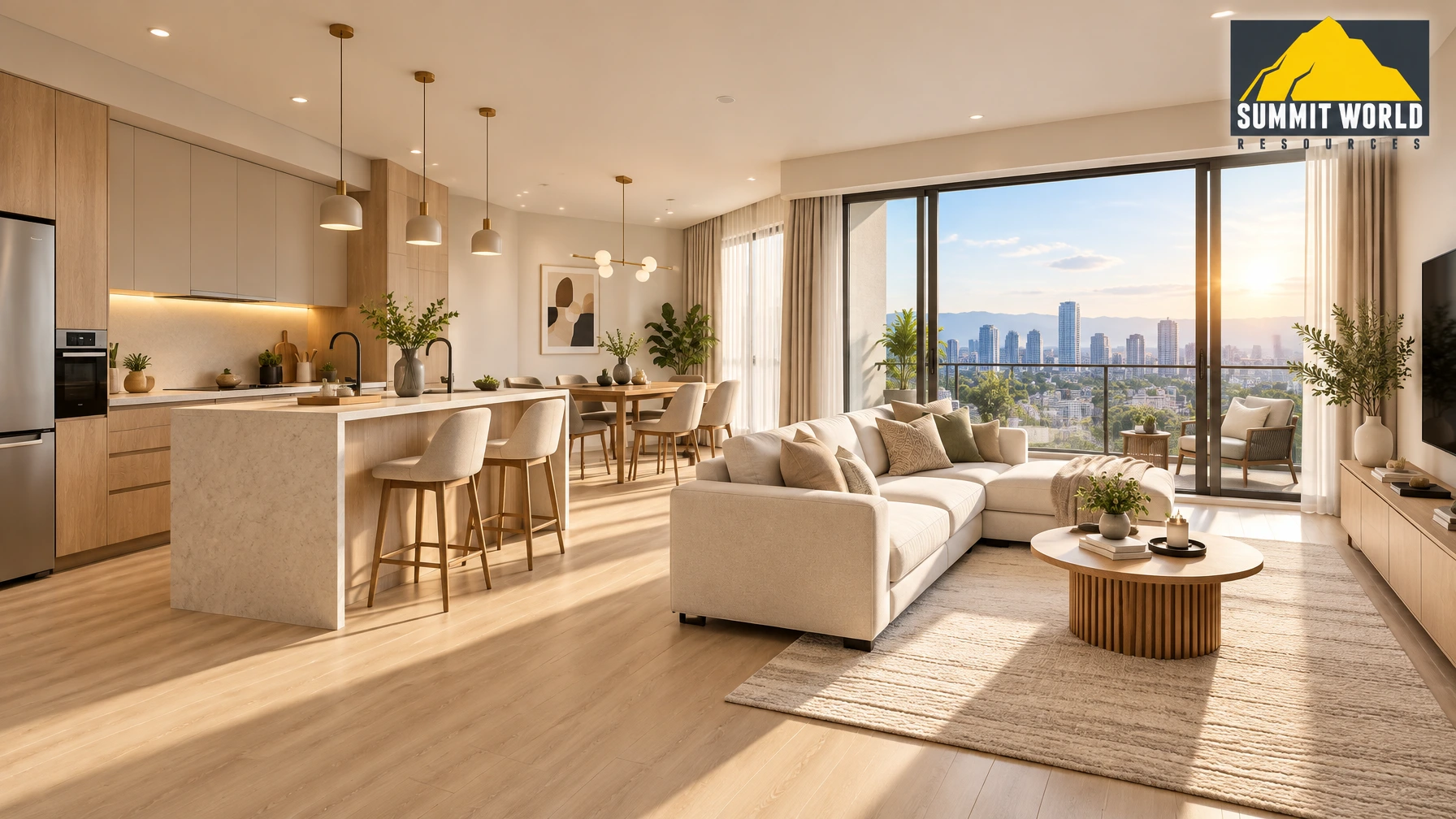 A bright and stunning open-concept living room and kitchen inside a brand new Dwitara Residences condominium in Petaling Jaya. The floor features a flawless light oak SPC vinyl overlay