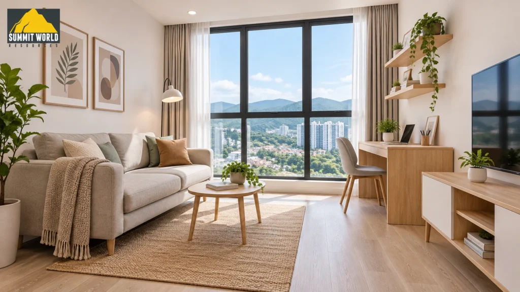 A bright, compact SOHO living space at 168 Park Selayang fitted with a Scandinavian light oak LVT vinyl click floor
