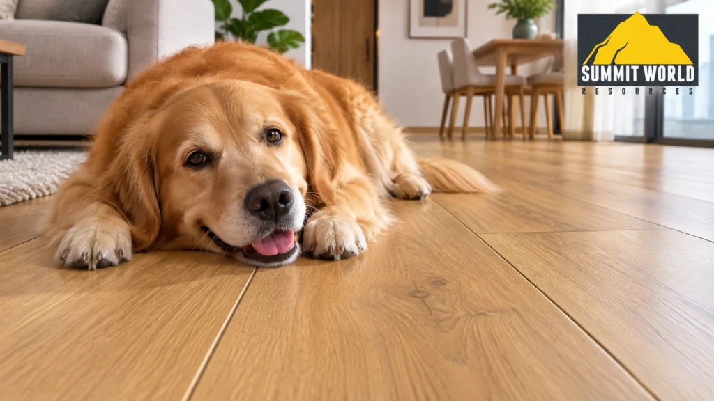 A close-up interior shot of a golden retriever dog resting comfortably on a warm honey-oak WPL waterproof laminate floor