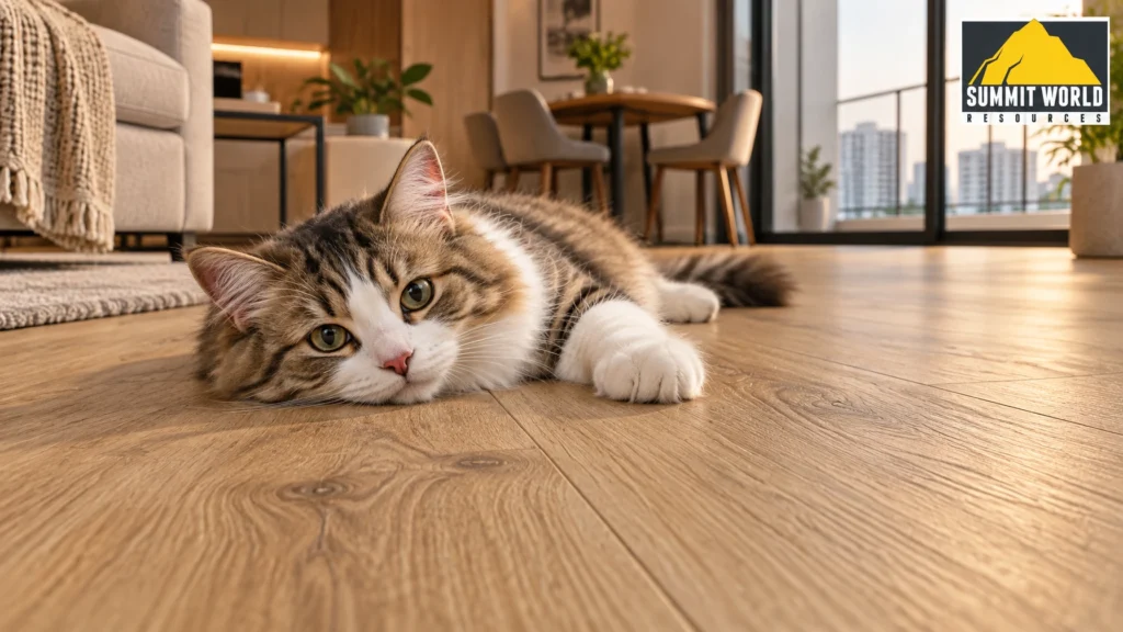 A close-up shot showing a cute cat resting comfortably on a textured, matte-finished oak SPC vinyl floor inside a modern Puchong serviced apartment
