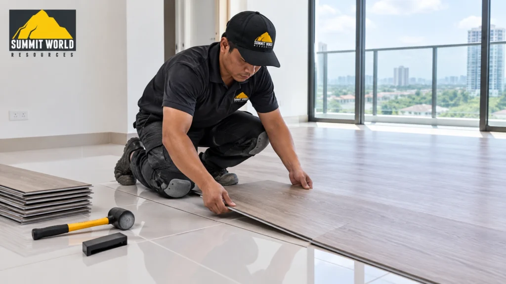 A professional Southeast Asian flooring installer neatly laying down a waterproof SPC click-lock plank directly over basic white ceramic tiles in a new One Equine Phase 2 serviced apartment unit