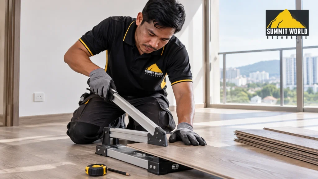 A professional Southeast Asian flooring technician using a precision hand cutter to trim a WPL waterproof laminate plank inside an apartment