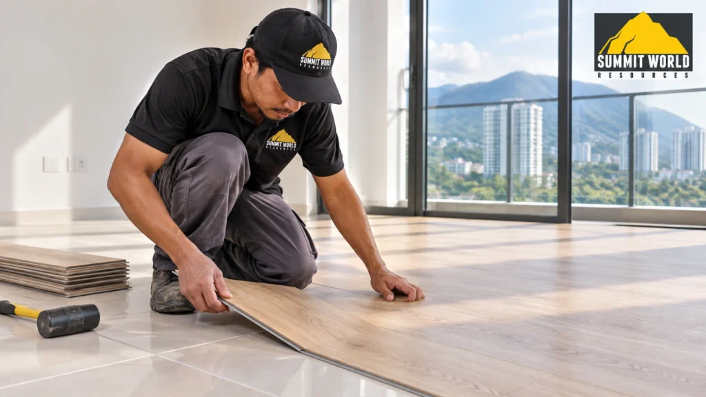A professional Southeast Asian installer hand-fitting a light oak click-lock SPC plank directly over basic floor tiles inside a newly built Setapak condo