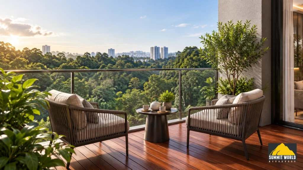 A serene private balcony setup at Nestree Residence featuring rich reddish-brown Chengal timber decking
