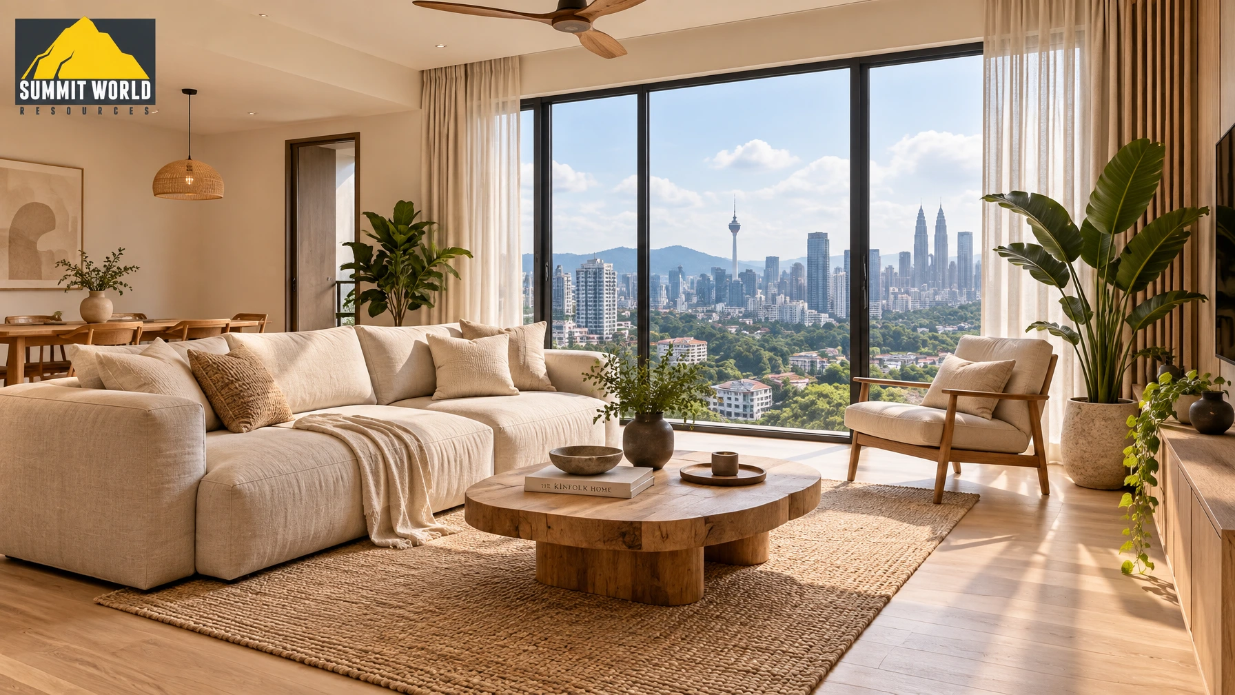 A spacious and bright living room interior inside a new Curvo Residences condominium in Setapak, Kuala Lumpur. The space displays a natural Wabi-Sabi aesthetic with warm light oak flooring