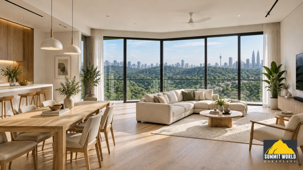 A spacious and luxurious open-concept living hall inside a newly completed condominium at Nestree Residence. The apartment features natural European engineered oak flooring.webp