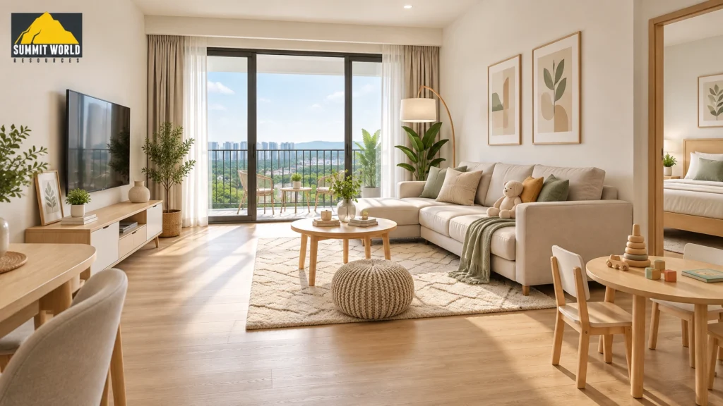 A spacious, bright living room inside a newly completed family condominium at ANYA Shorea Park in Puchong. The room features a warm light-oak wood textured SPC vinyl floor overlay