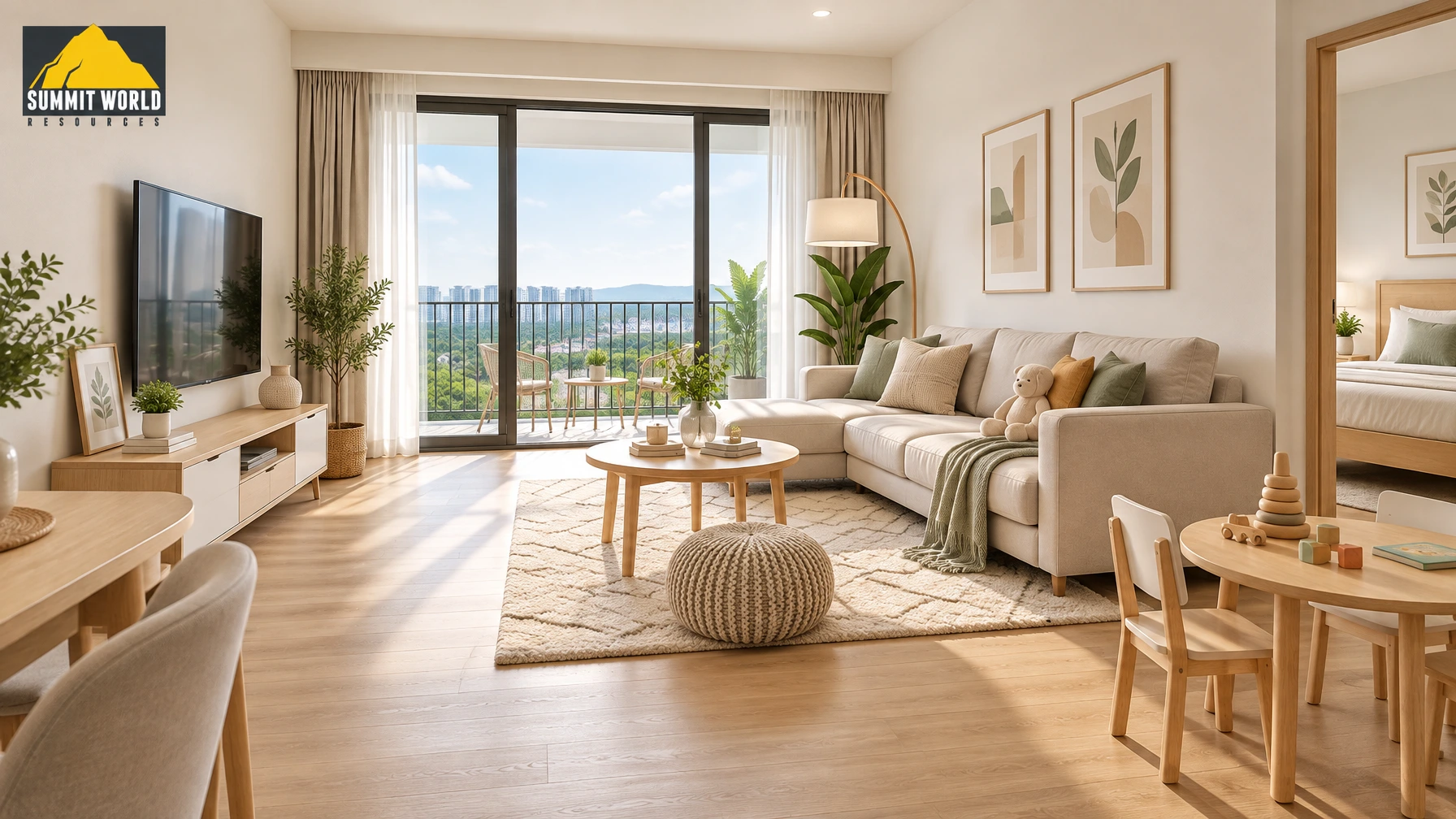 A spacious, bright living room inside a newly completed family condominium at ANYA Shorea Park in Puchong. The room features a warm light-oak wood textured SPC vinyl floor overlay