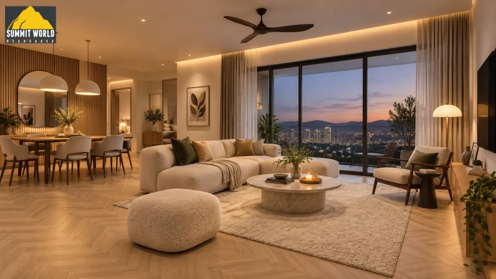 A wide-angle architectural shot of a spacious Type C living room in Curvo Residences featuring herringbone pattern light wood flooring, modern Nordic furniture, and warm ambient evening lighting
