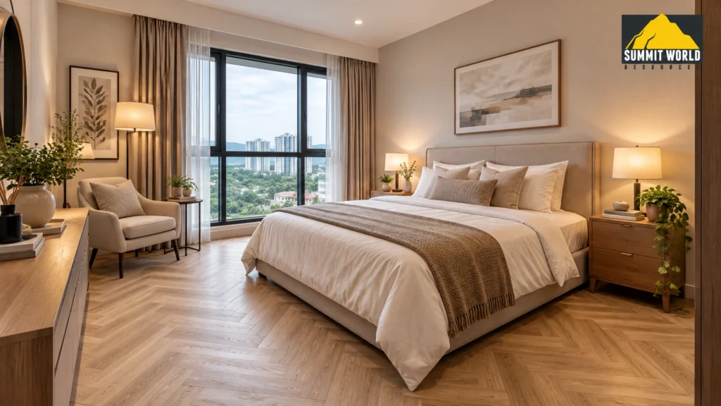 A wide angle view of a beautifully furnished master bedroom inside One Equine, Taman EquineSeri Kembangan. The floor features a striking light wood herringbone SPC design