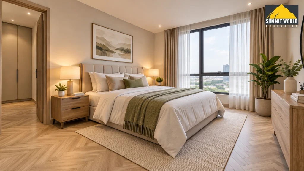 A wide-angle view of a beautifully furnished master bedroom inside a modern condominium. The floor features a stunning light wood herringbone SPC design