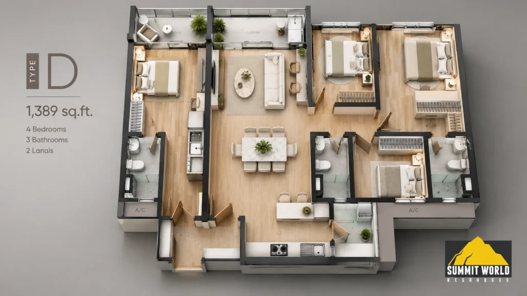 An architectural interior floor plan view of ANYA at Shorea Park dual-key apartment layout, Type D (1,389 sq ft), showing seamless wood-look SPC flooring