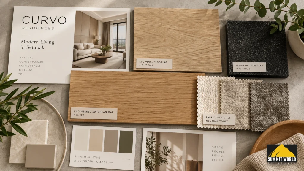 An interior design mood board for a Curvo Residences apartment renovation in Setapak. The board features physical samples of light oak SPC vinyl, engineered European oak veneers